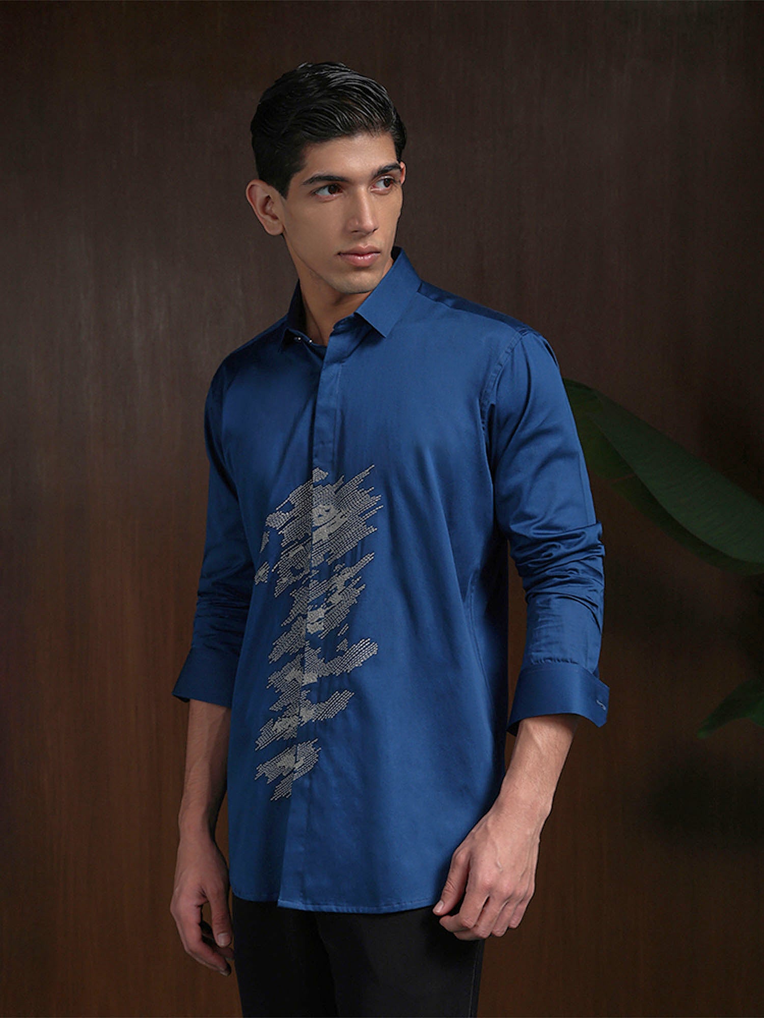 Blue Slim Fit Cotton Shirt with Refined Embroidery