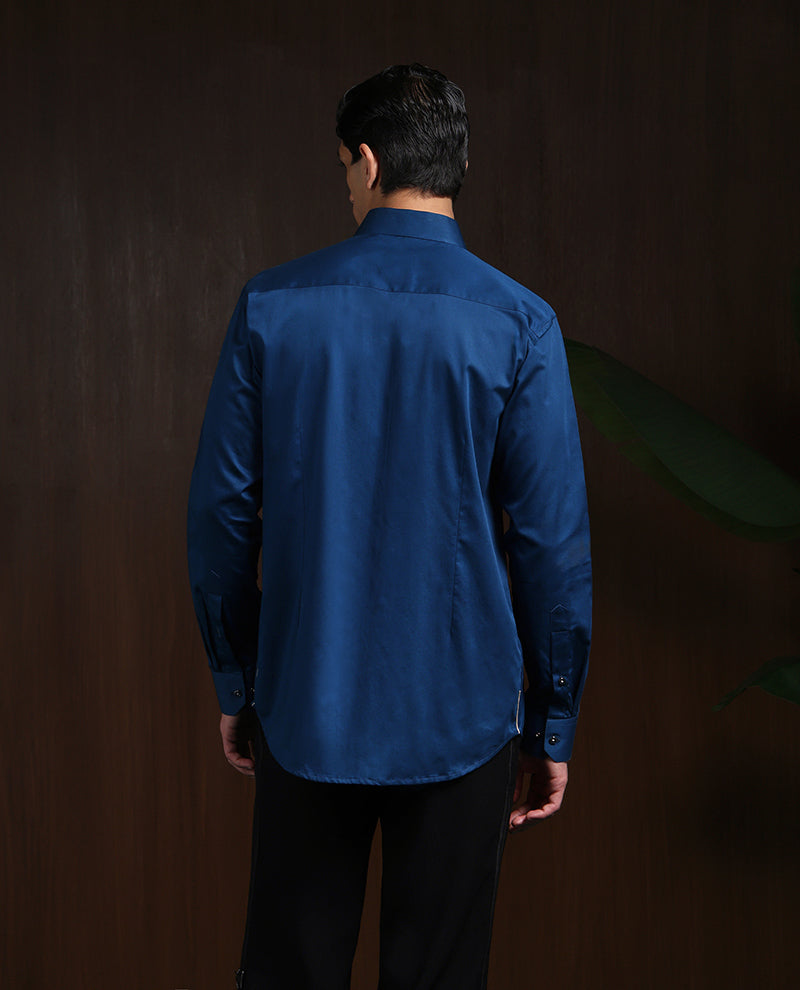 Blue Slim Fit Cotton Shirt with Refined Embroidery