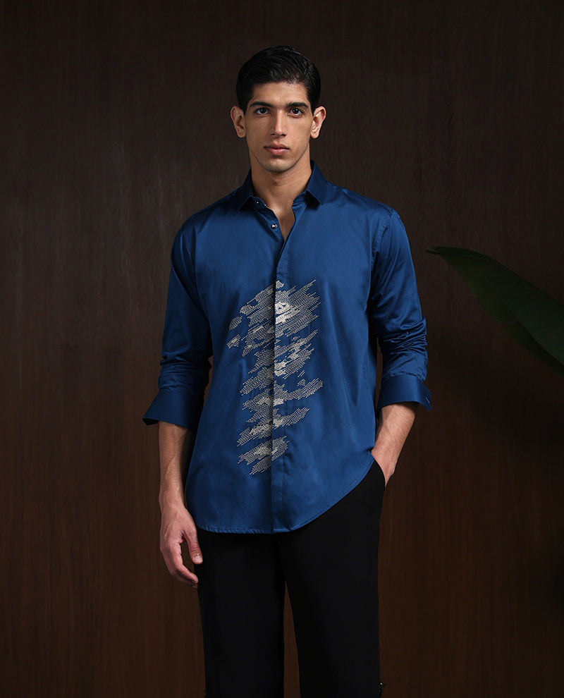Blue Slim Fit Cotton Shirt with Refined Embroidery