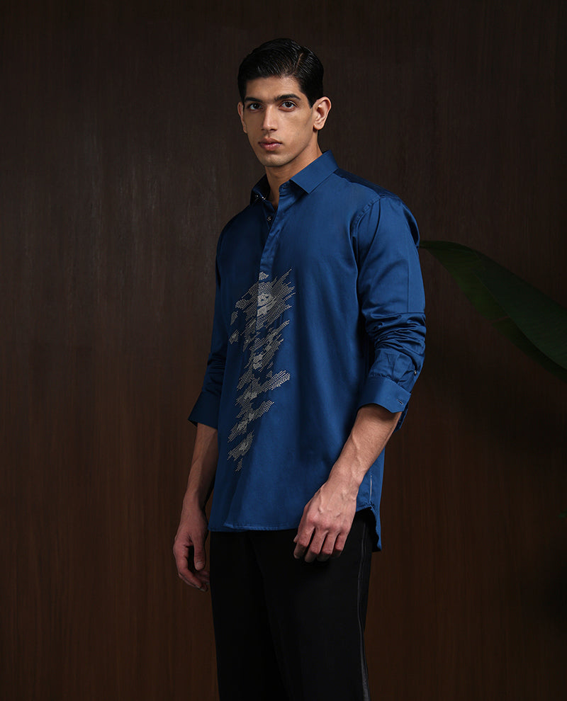 Blue Slim Fit Cotton Shirt with Refined Embroidery