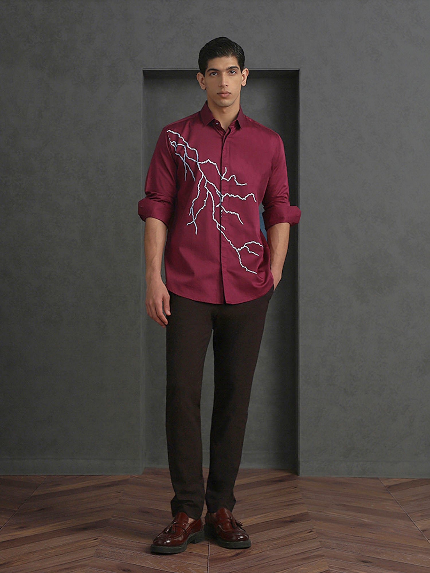 Maroon Slim Fit Cotton Shirt with Refined Embroidery