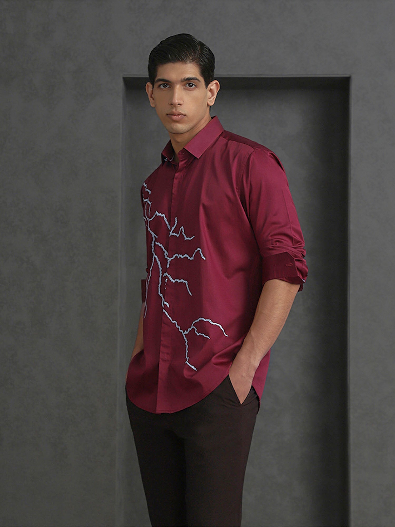 Maroon Slim Fit Cotton Shirt with Refined Embroidery
