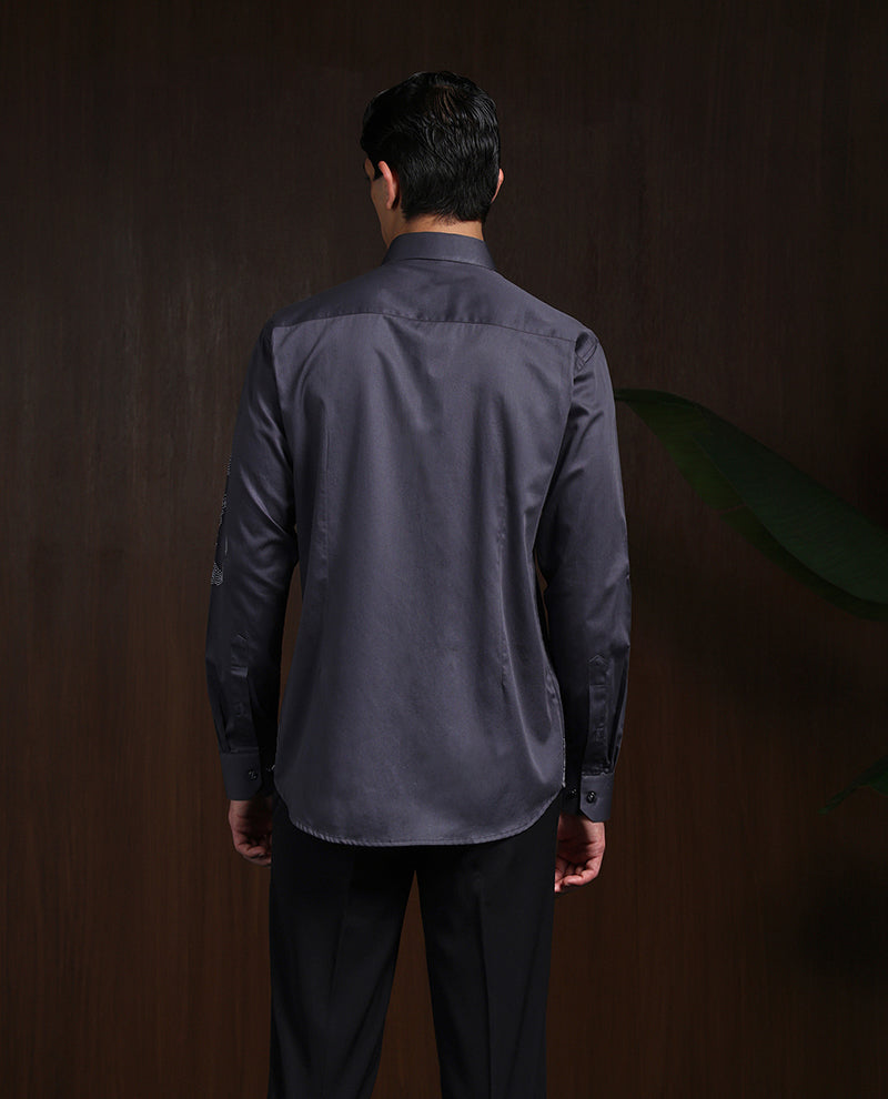 Dark Grey Slim Fit Cotton Shirt with Intricate Embroidery Accents