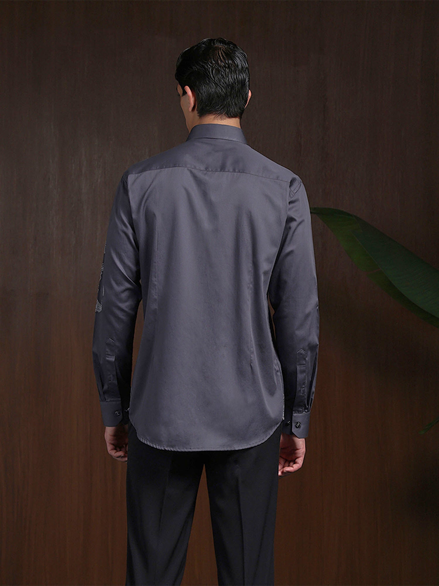 Dark Grey Slim Fit Cotton Shirt with Intricate Embroidery Accents
