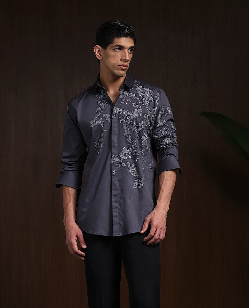 Dark Grey Slim Fit Cotton Shirt with Intricate Embroidery Accents