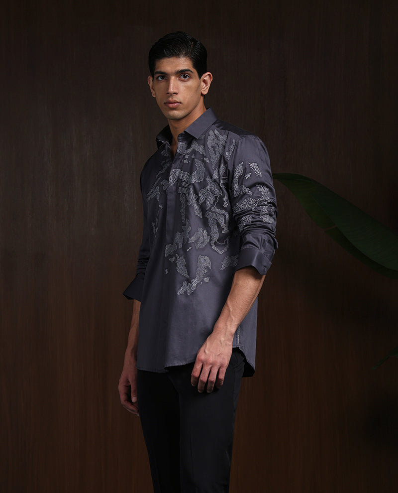 Dark Grey Slim Fit Cotton Shirt with Intricate Embroidery Accents