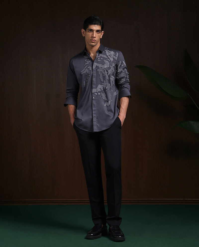 Dark Grey Slim Fit Cotton Shirt with Intricate Embroidery Accents