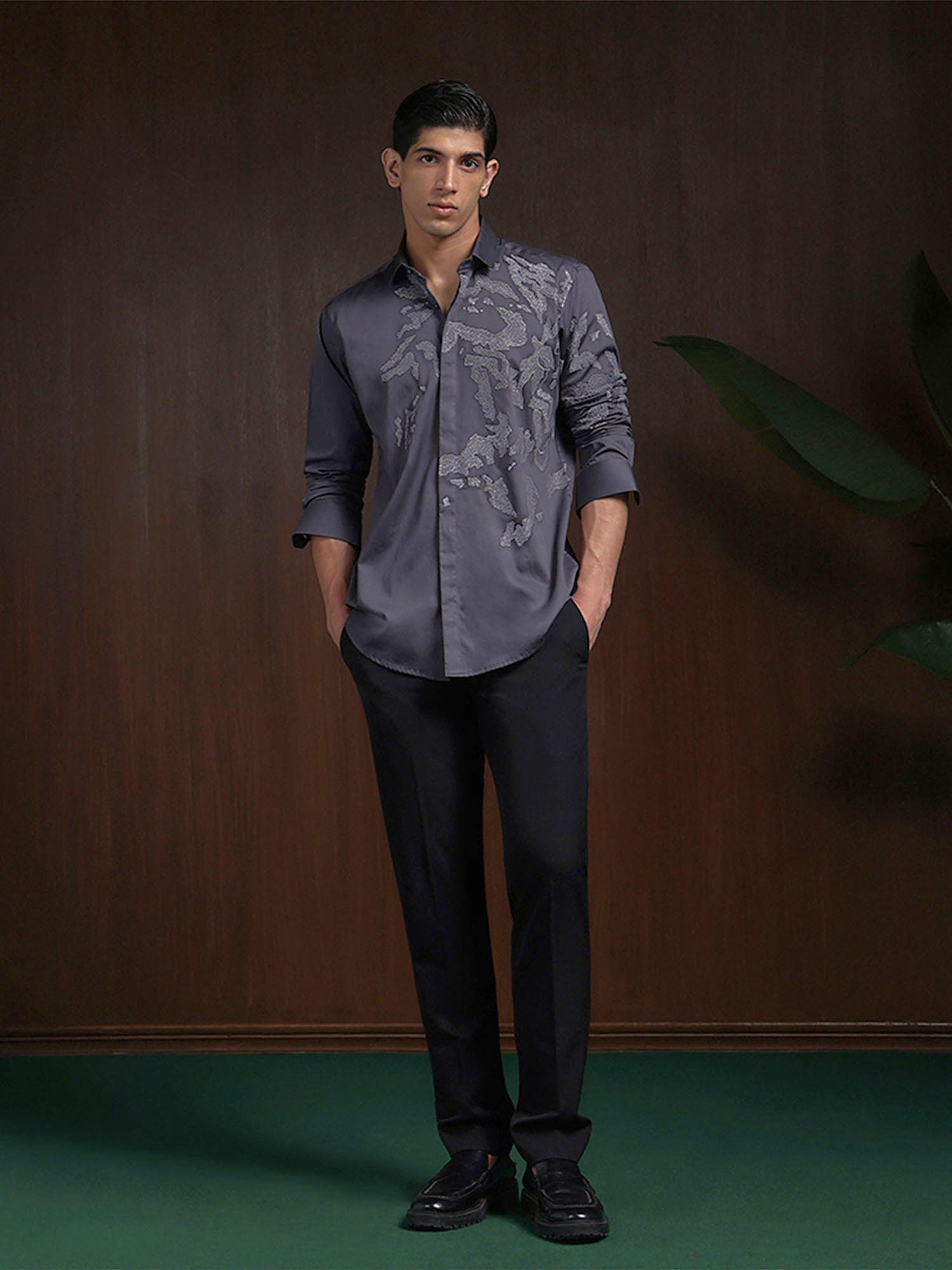 Dark Grey Slim Fit Cotton Shirt with Intricate Embroidery Accents