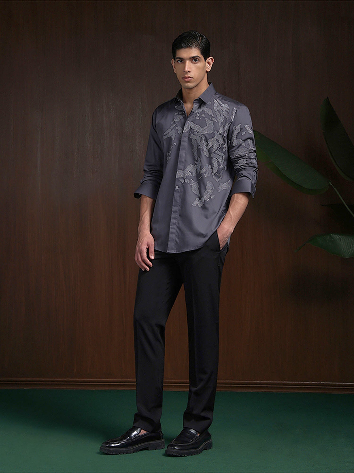 Dark Grey Slim Fit Cotton Shirt with Intricate Embroidery Accents