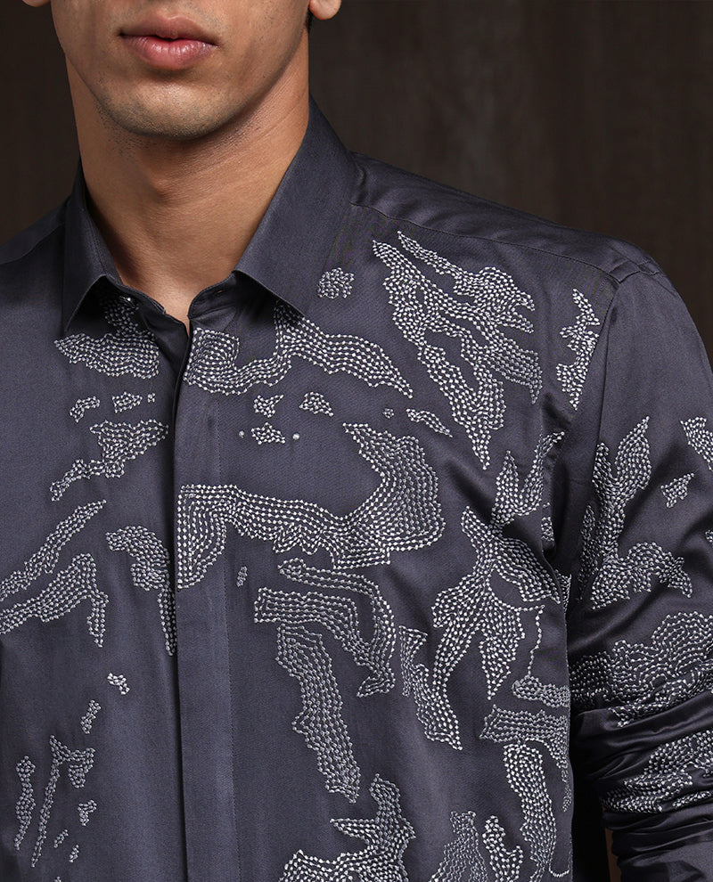 Dark Grey Slim Fit Cotton Shirt with Intricate Embroidery Accents