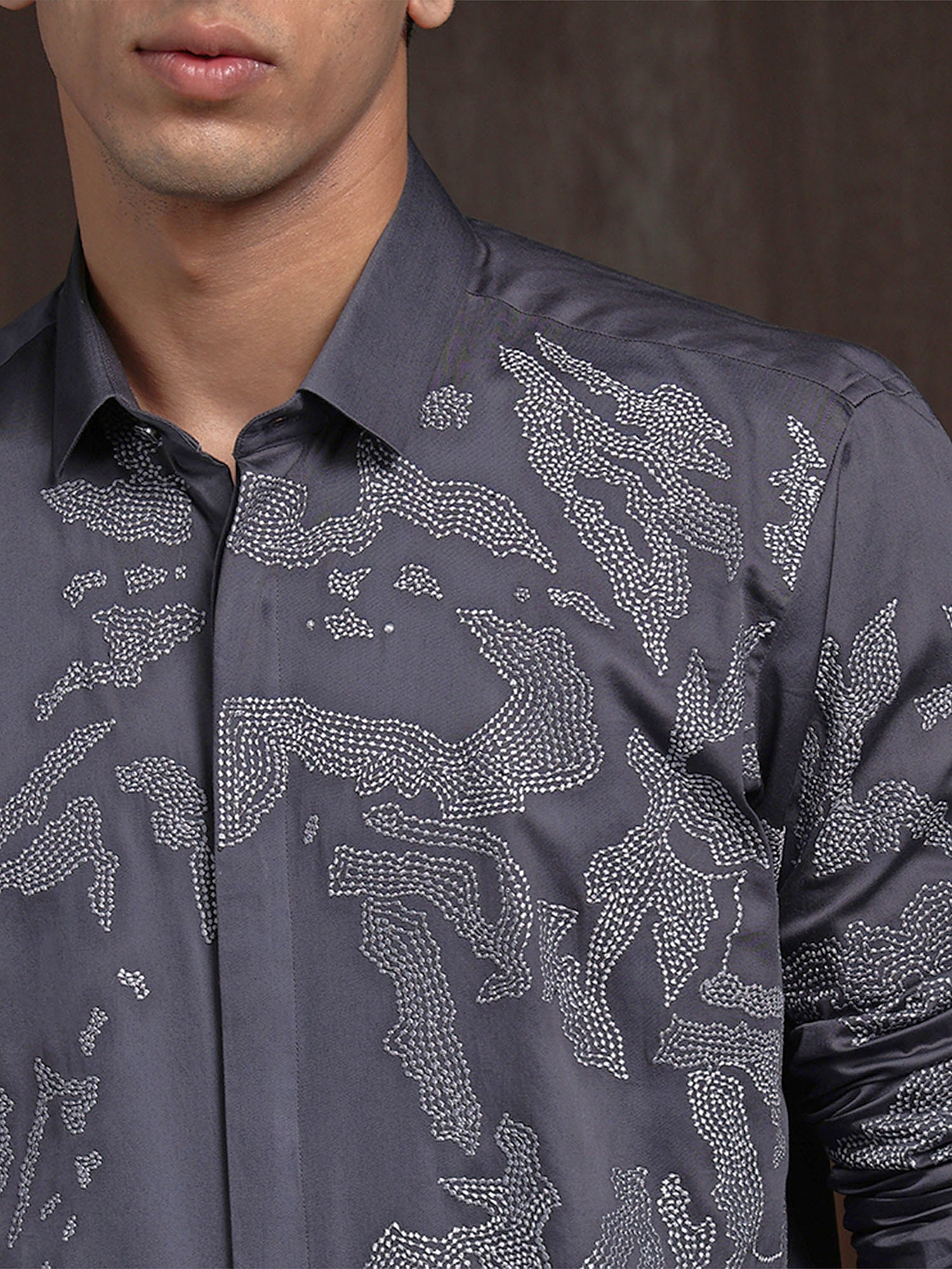 Dark Grey Slim Fit Cotton Shirt with Intricate Embroidery Accents