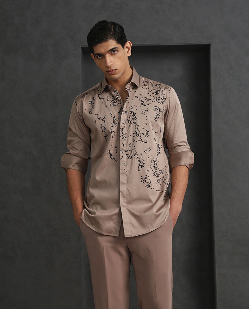 Choco Slim Fit Cotton Shirt with Elegant Embroidery Detailing
