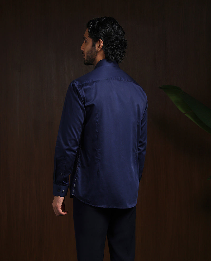 Navy Blue Slim Fit Cotton Shirt with Intricate Embroidery