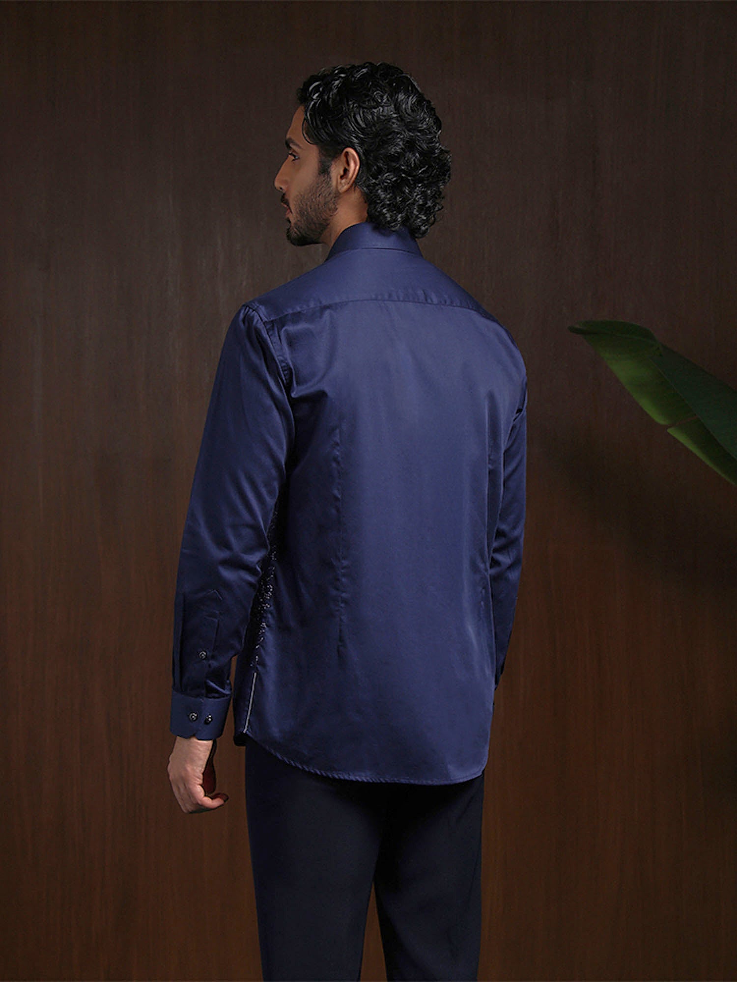 Navy Blue Slim Fit Cotton Shirt with Intricate Embroidery