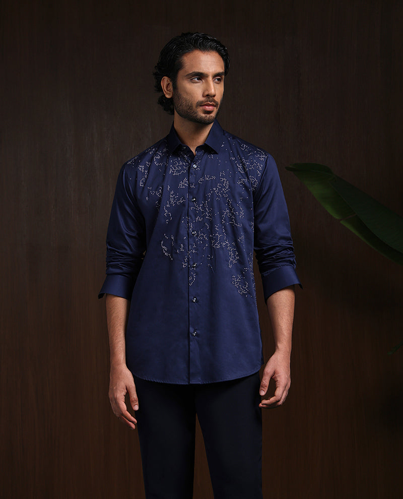 Navy Blue Slim Fit Cotton Shirt with Intricate Embroidery