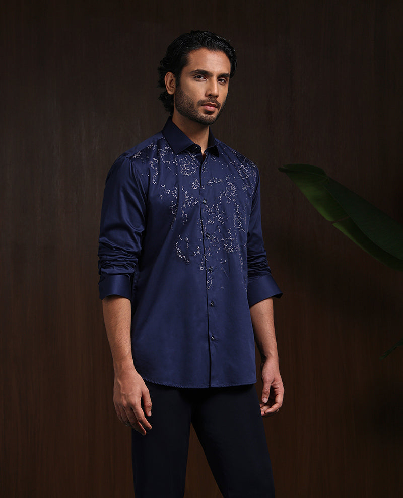 Navy Blue Slim Fit Cotton Shirt with Intricate Embroidery