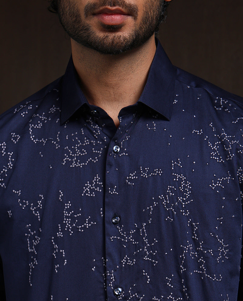 Navy Blue Slim Fit Cotton Shirt with Intricate Embroidery