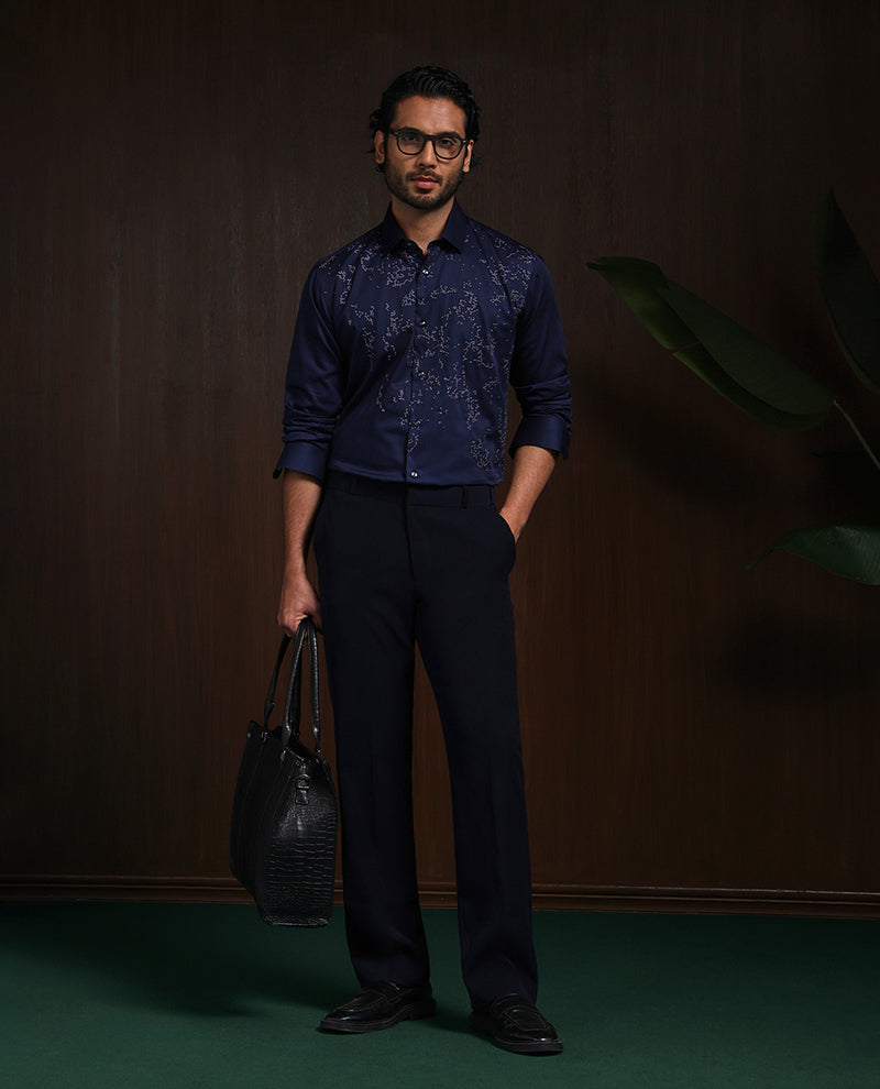 Navy Blue Slim Fit Cotton Shirt with Intricate Embroidery