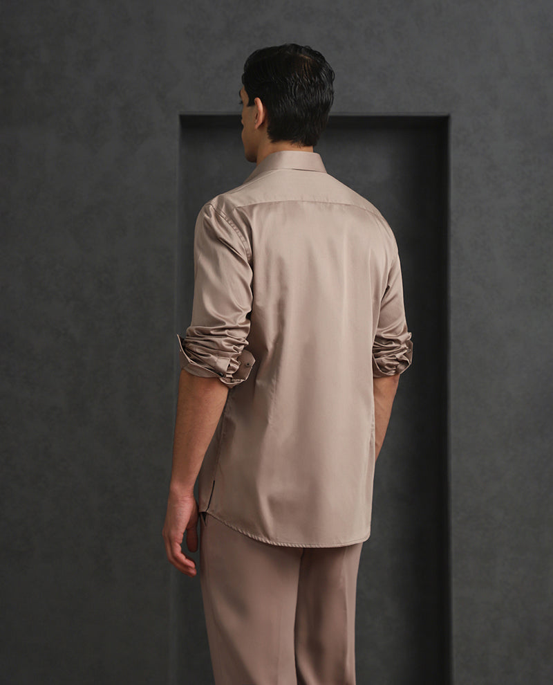Dark Fawn Slim Fit Cotton Shirt with Subtle Embroidery