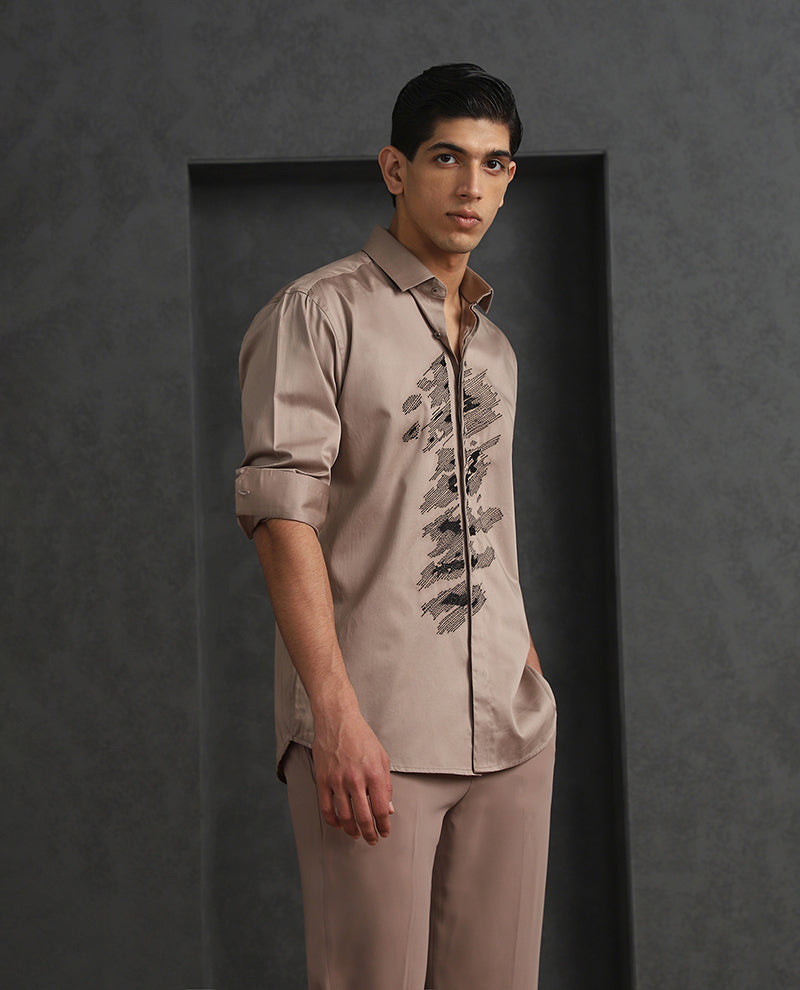 Dark Fawn Slim Fit Cotton Shirt with Subtle Embroidery