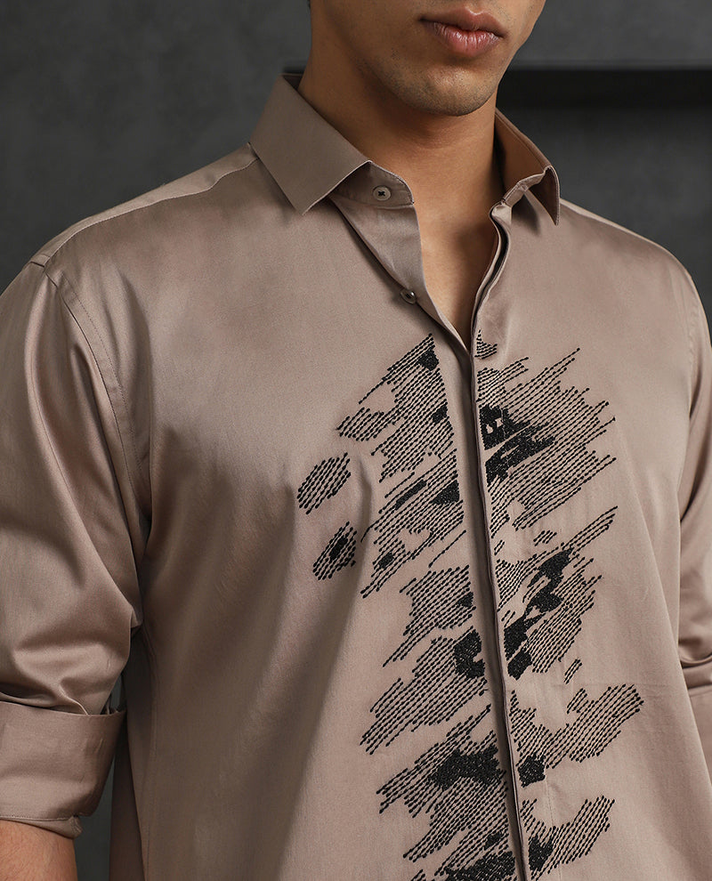 Dark Fawn Slim Fit Cotton Shirt with Subtle Embroidery