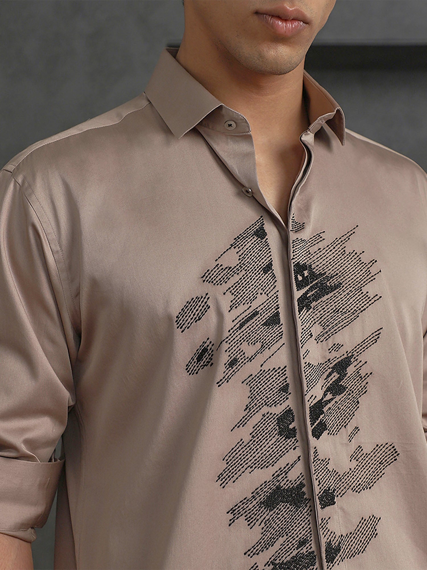Dark Fawn Slim Fit Cotton Shirt with Subtle Embroidery