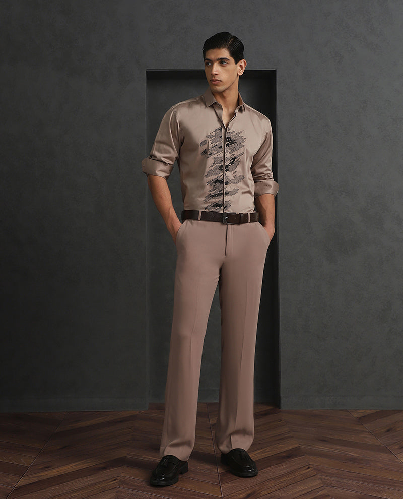Dark Fawn Slim Fit Cotton Shirt with Subtle Embroidery