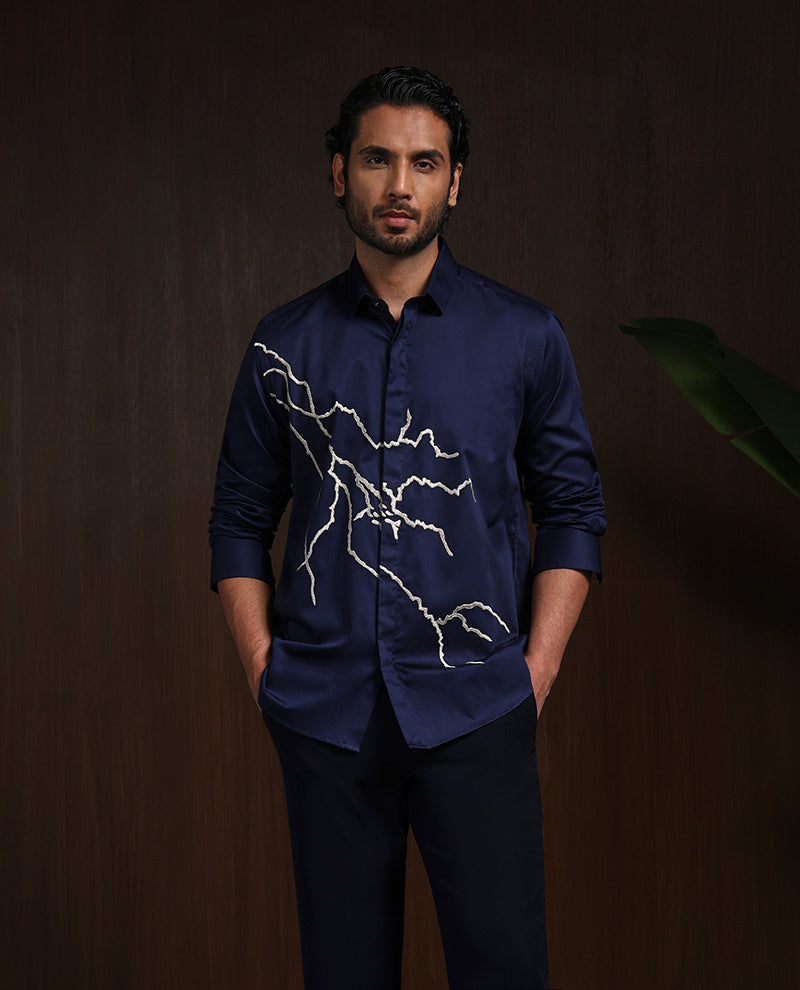 Navy Blue Slim Fit Cotton Shirt with Elegant Embroidery