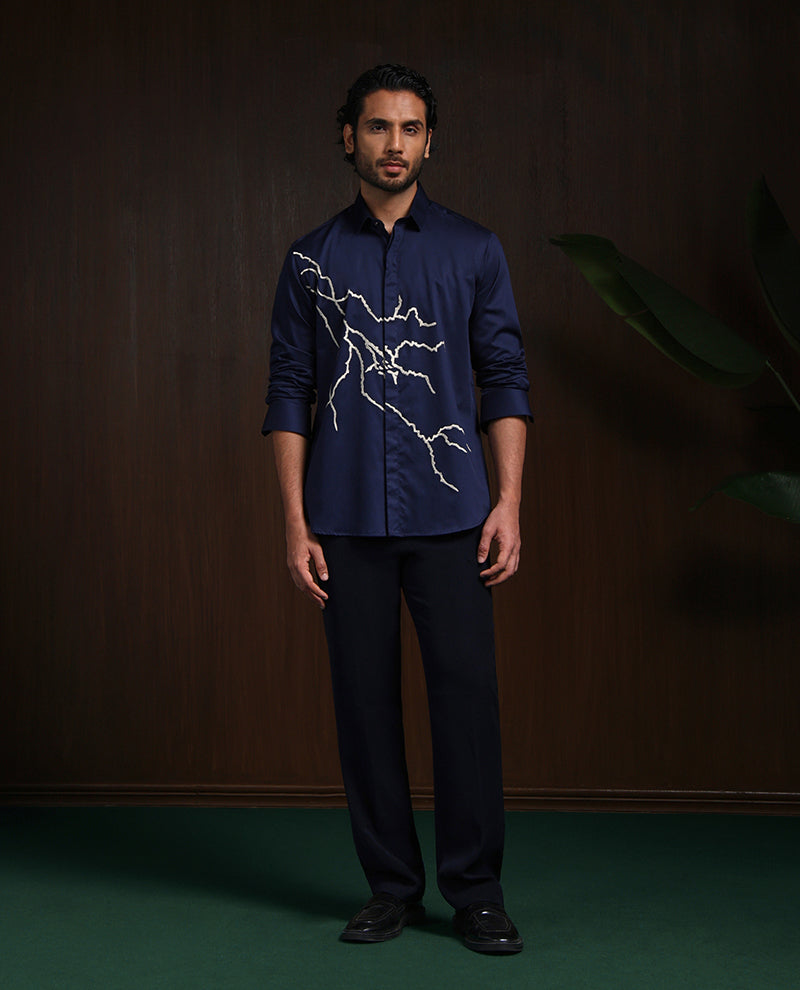 Navy Blue Slim Fit Cotton Shirt with Elegant Embroidery