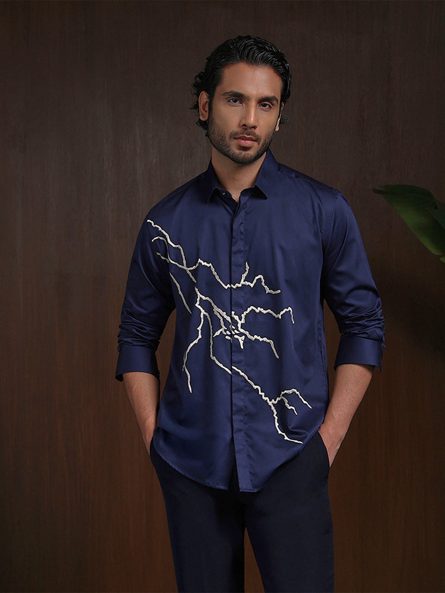 Navy Blue Slim Fit Cotton Shirt with Elegant Embroidery