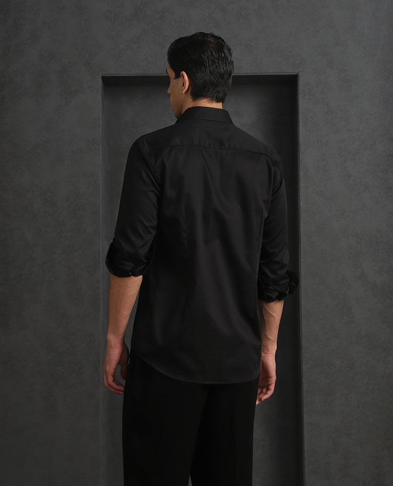 Black Slim Fit Cotton Shirt with Sophisticated Embroidery Detailing