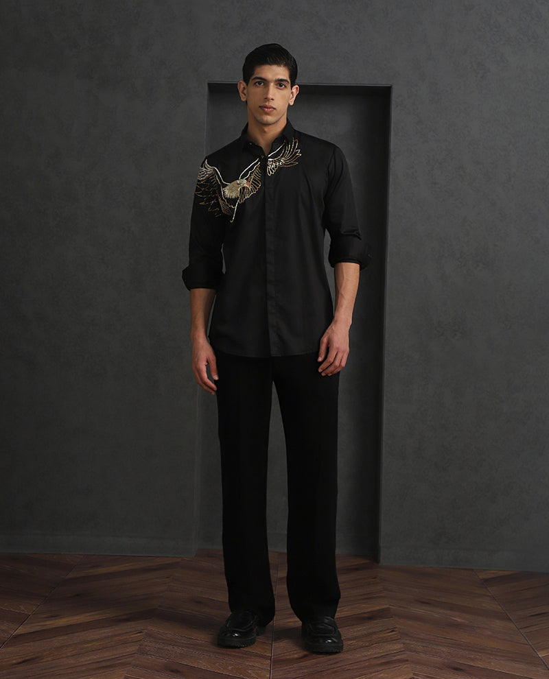 Black Slim Fit Cotton Shirt with Sophisticated Embroidery Detailing