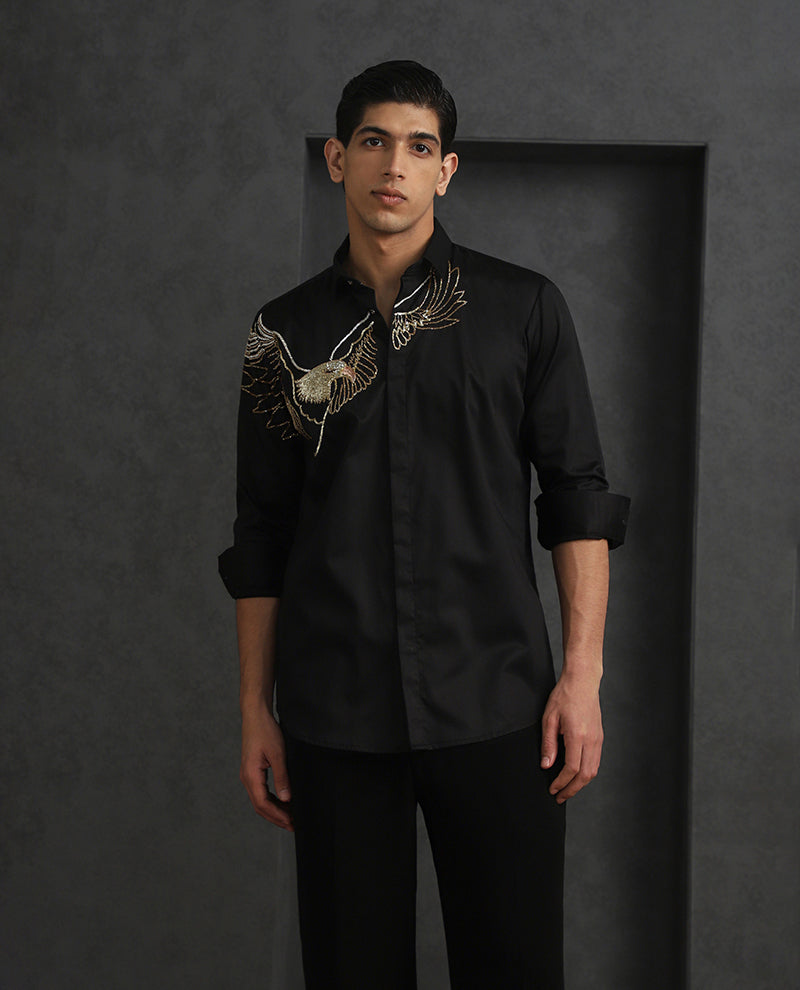 Black Slim Fit Cotton Shirt with Sophisticated Embroidery Detailing