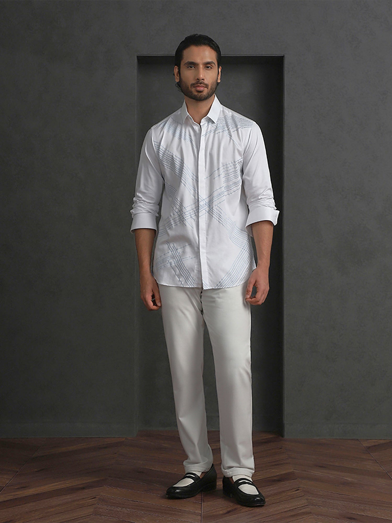 White Slim Fit Cotton Shirt with Refined Embroidery