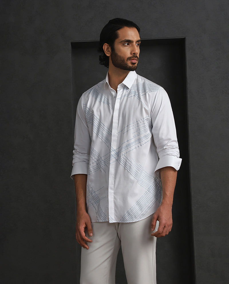 White Slim Fit Cotton Shirt with Refined Embroidery