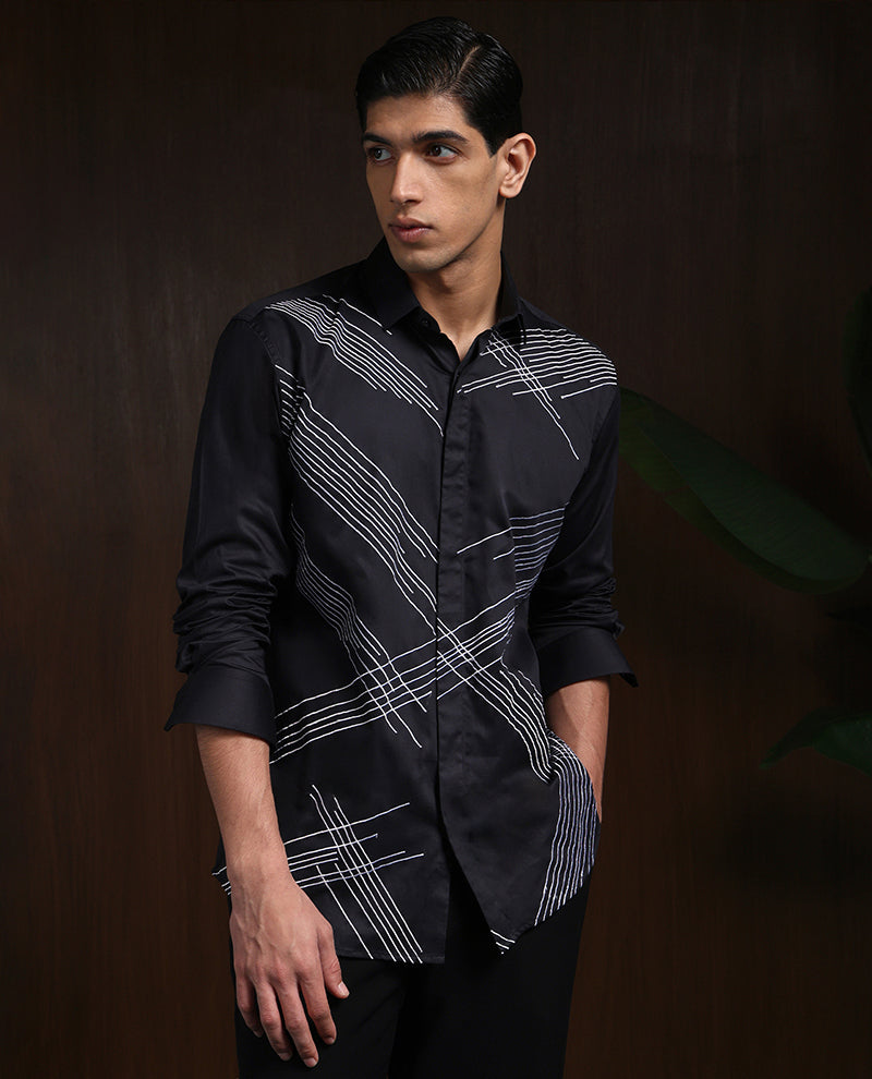 Black Slim Fit Cotton Shirt with Intricate Embroidery Accents