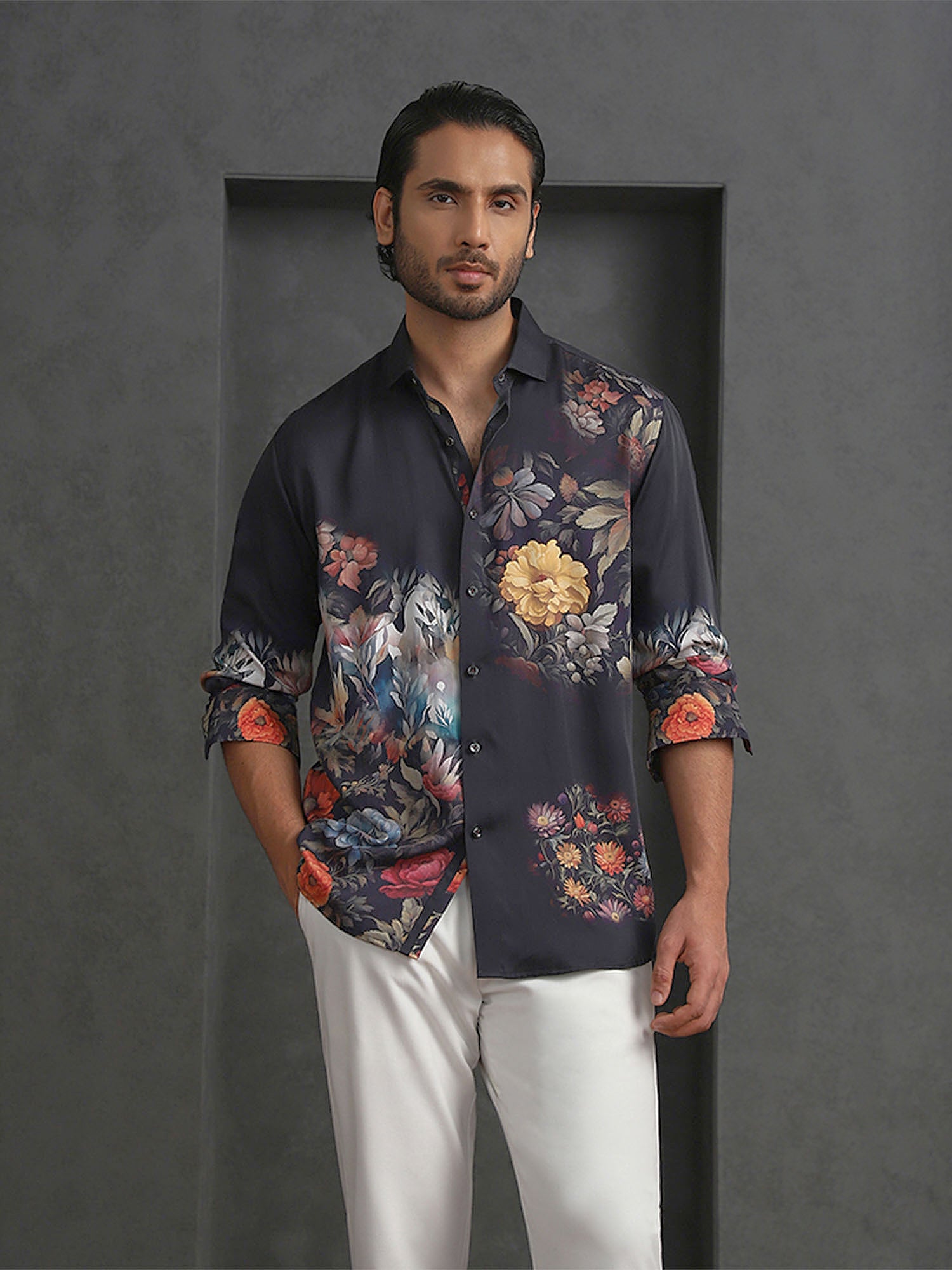 Black Slim Fit Tencel Shirt with Artistic Print Design