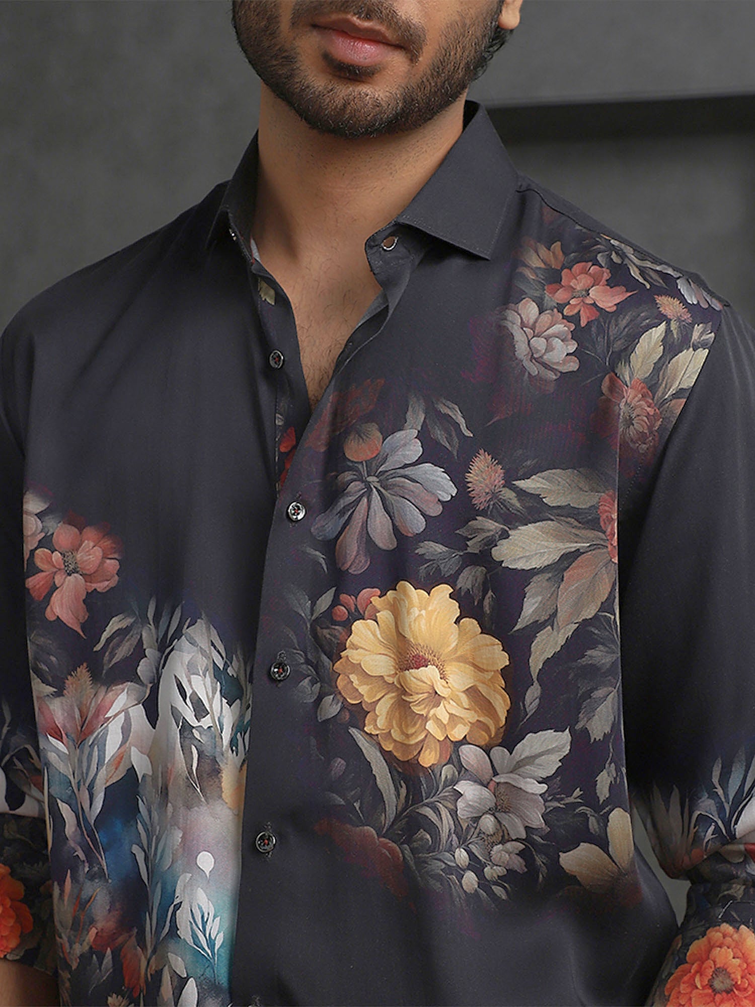 Black Slim Fit Tencel Shirt with Artistic Print Design