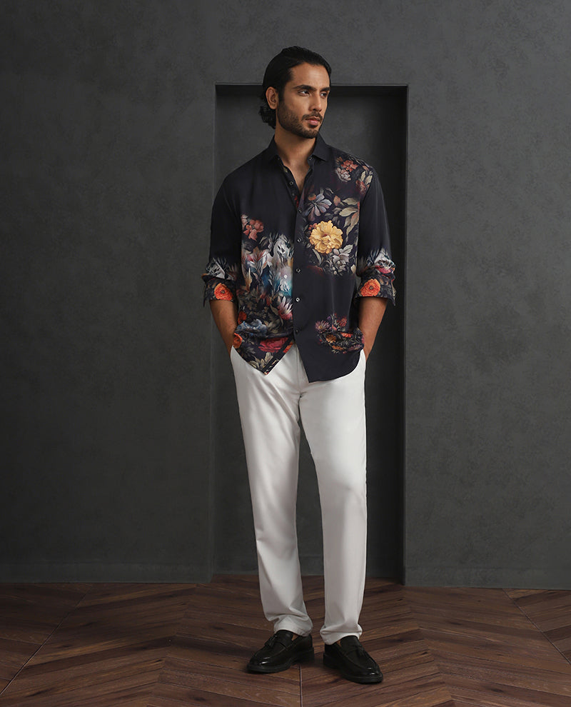 Multi Black Slim Fit Tencel Shirt with Artistic Print Design