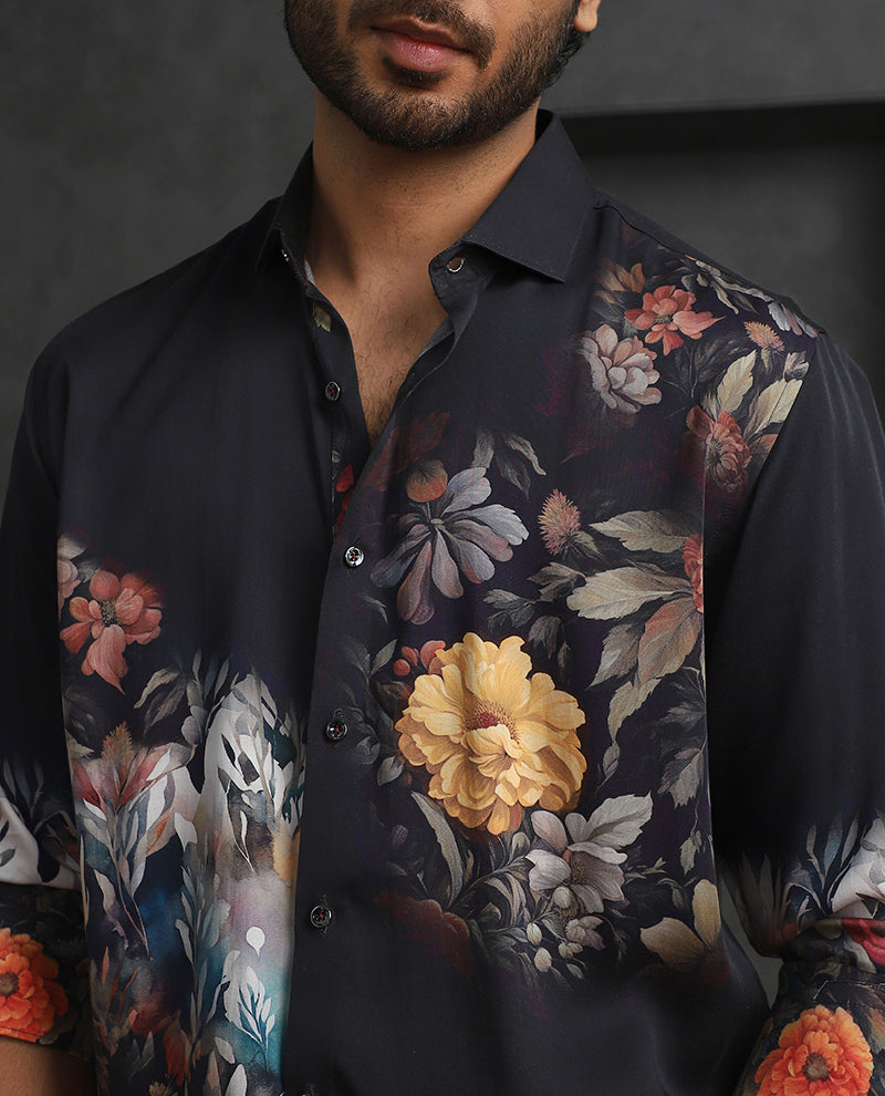 Multi Black Slim Fit Tencel Shirt with Artistic Print Design