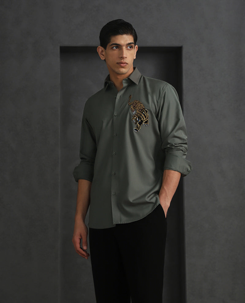 Olive Slim Fit Terry Rayon Shirt with Sophisticated Embroidery