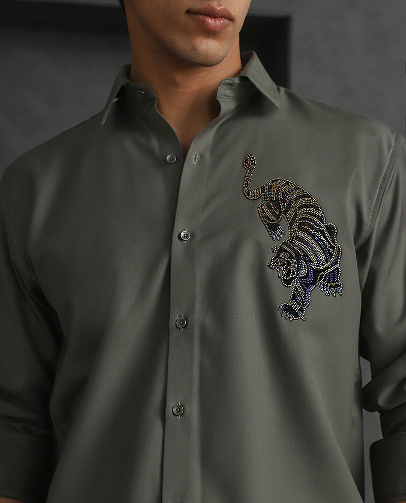 Olive Slim Fit Terry Rayon Shirt with Sophisticated Embroidery