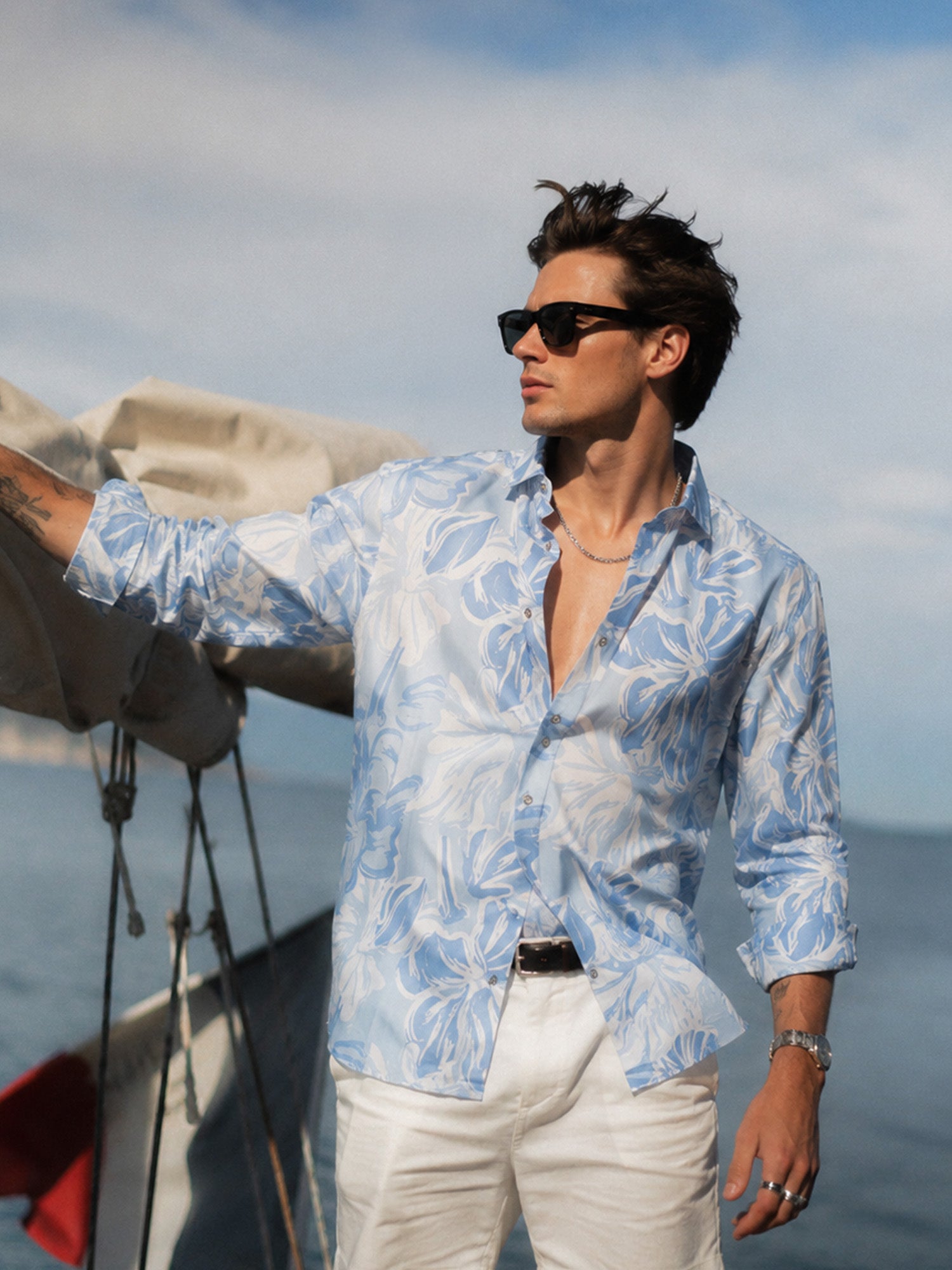 Light Blue Slim Fit Tencel Shirt with Elegant Print