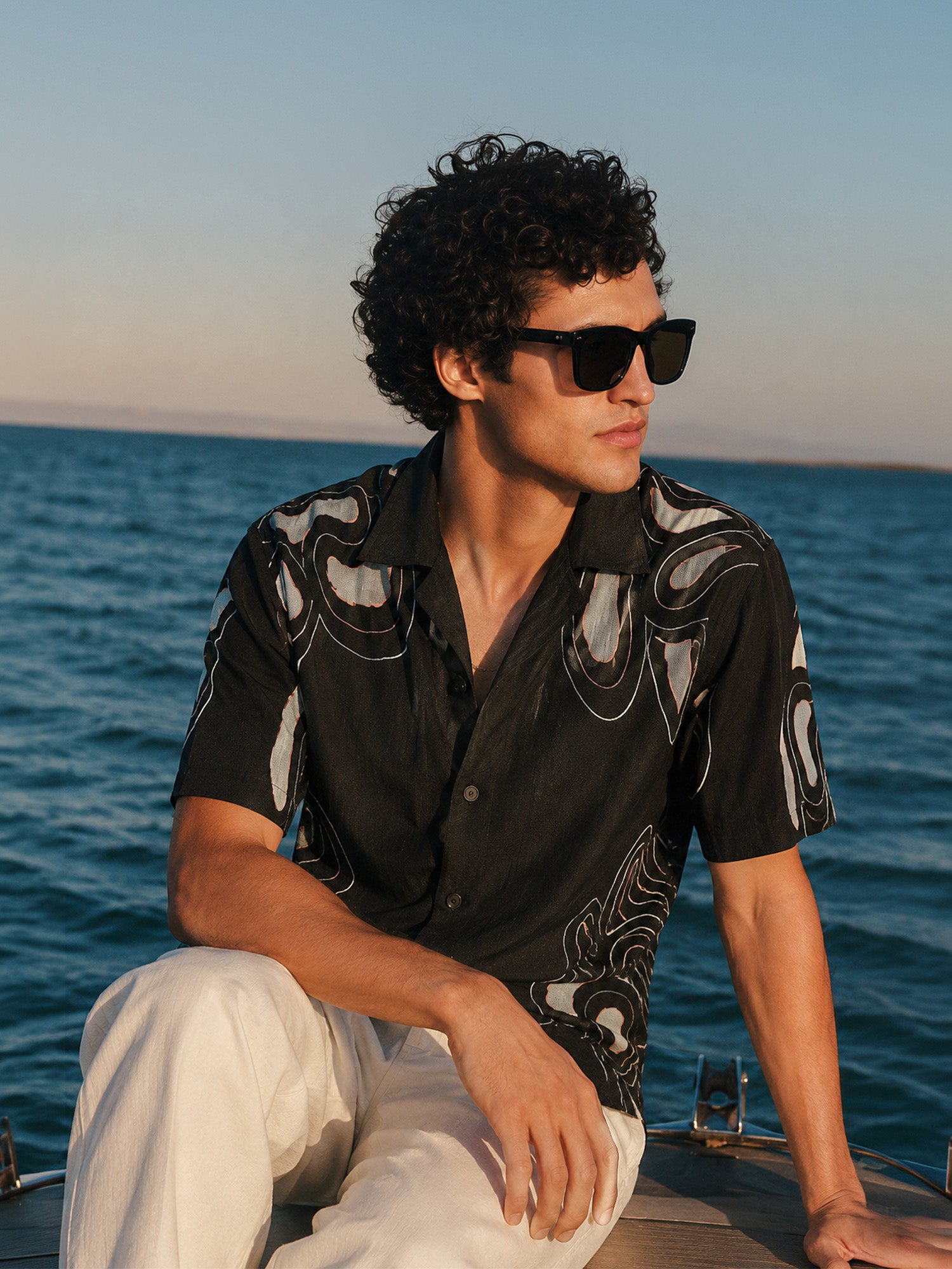 Black Geometric Embroidered Short Sleeve Linen Shirt for Men
