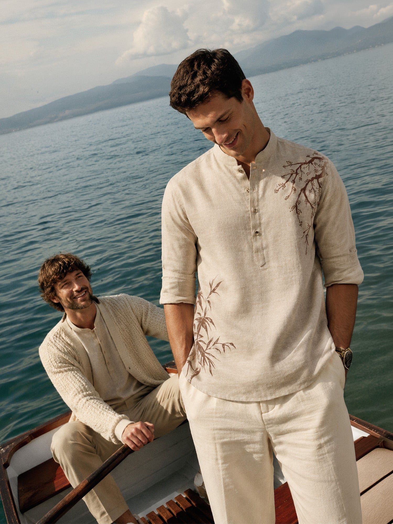 Natural Linen Kurti-Style Shirt with Hand-Painted Tree Art
