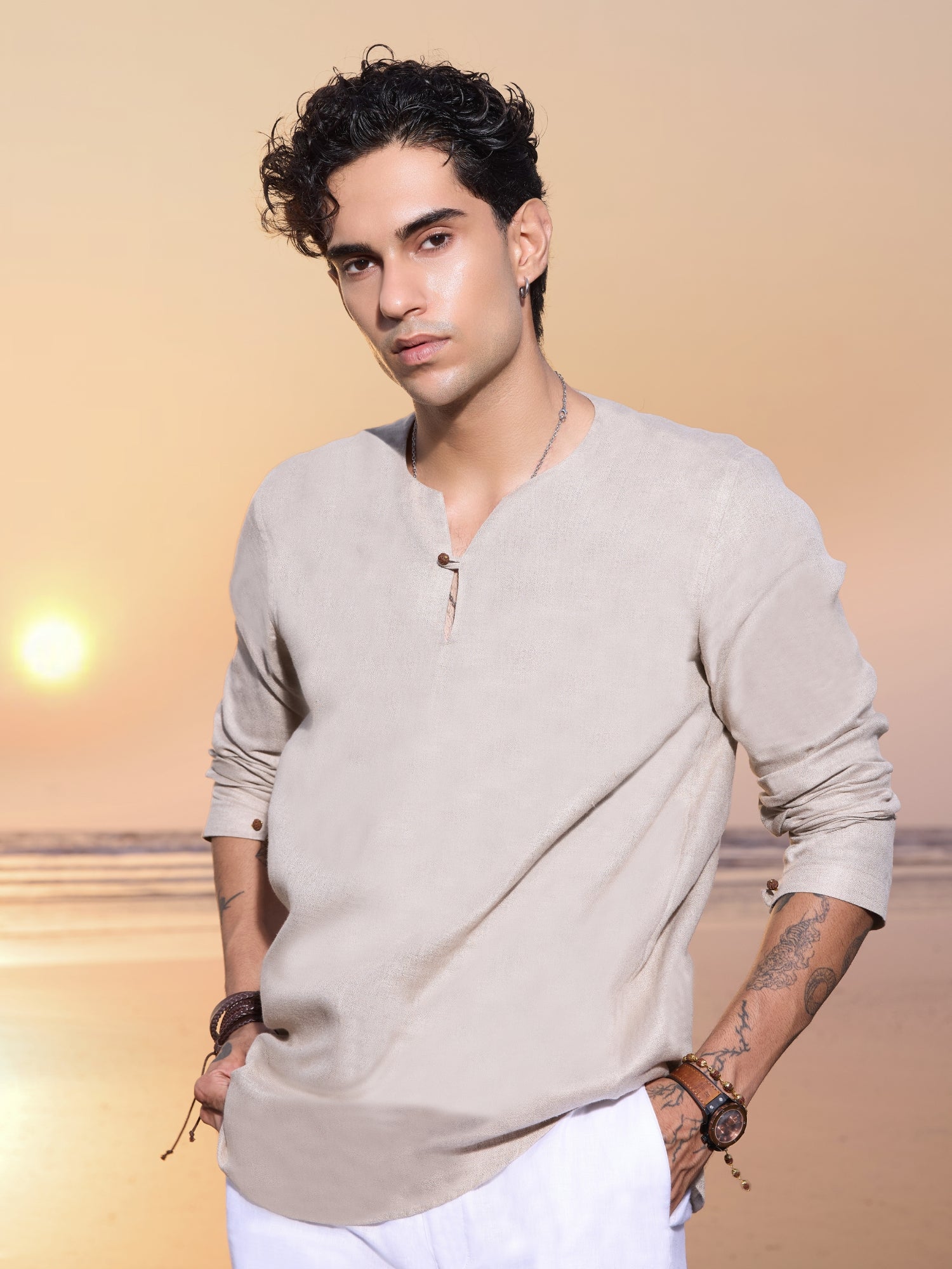 Natural Linen Short Kurta with Full Sleeves