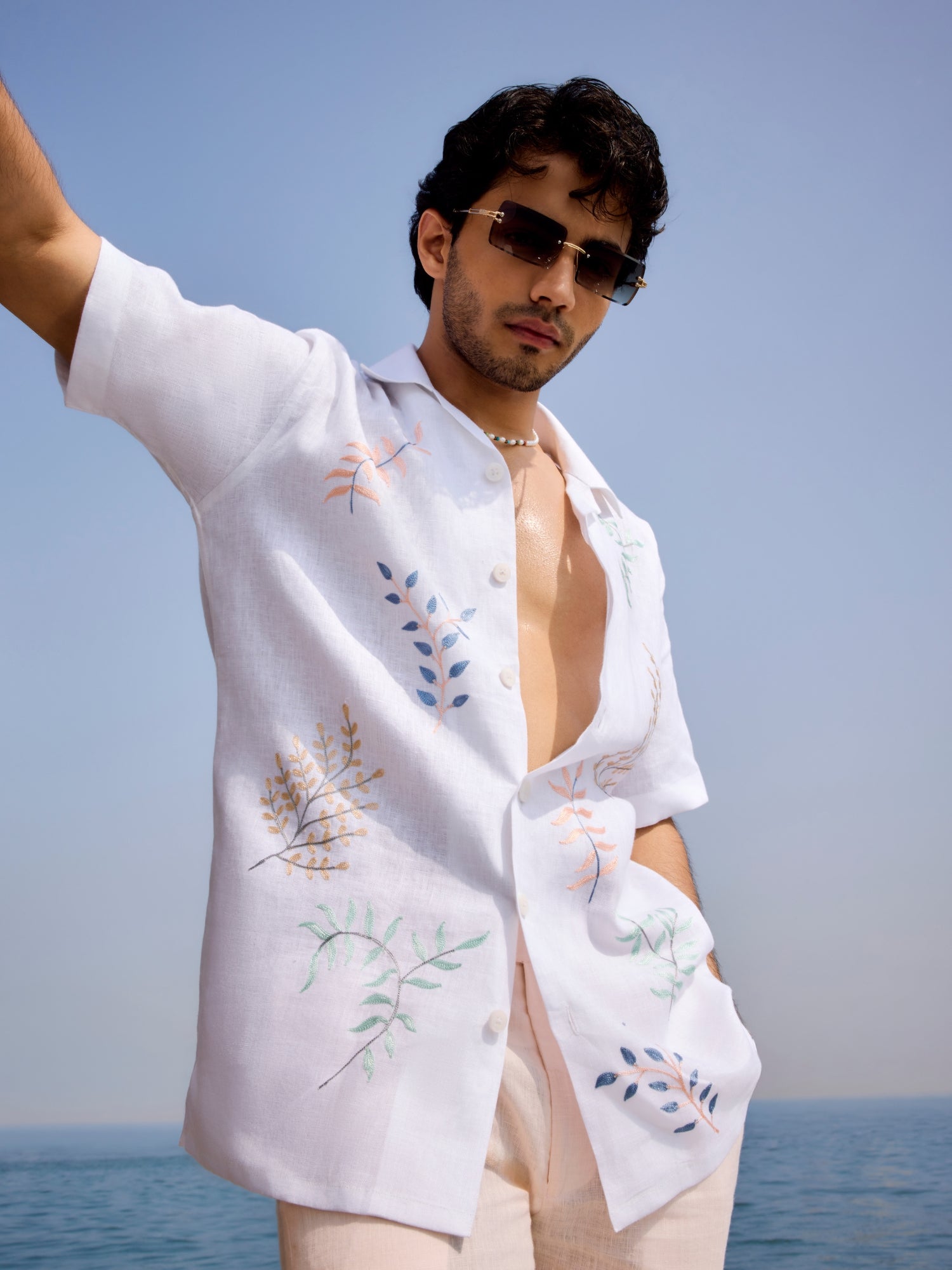 White Linen Cuban Shirt with Floral Aari Embroidery