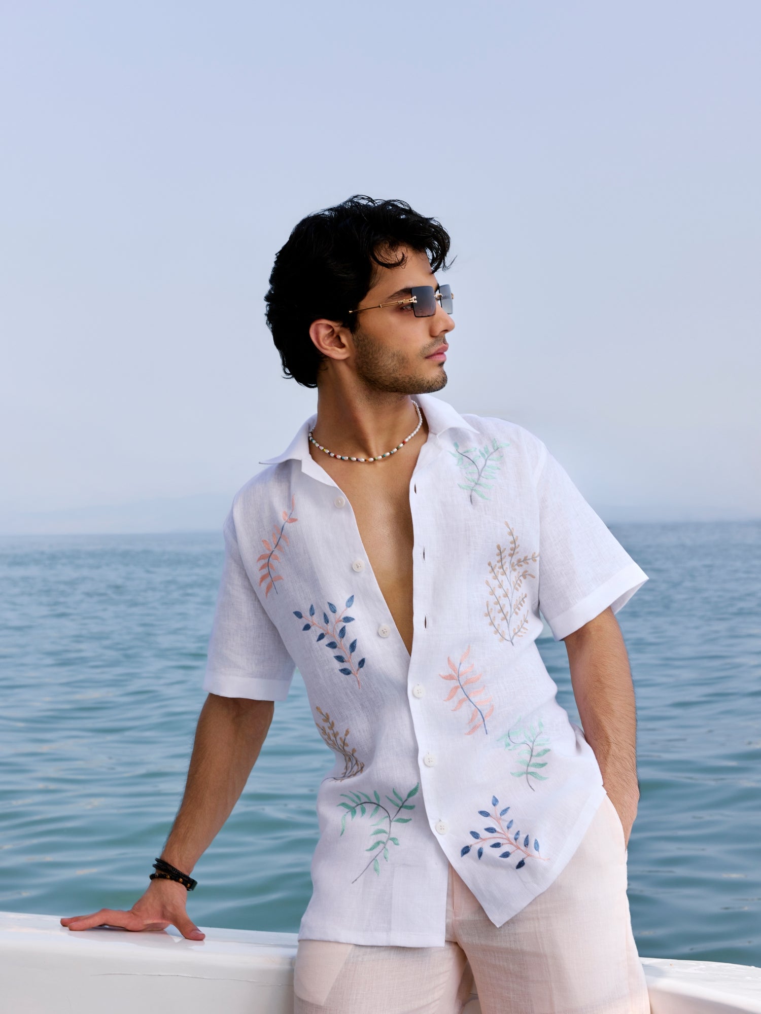 White Linen Cuban Shirt with Floral Aari Embroidery