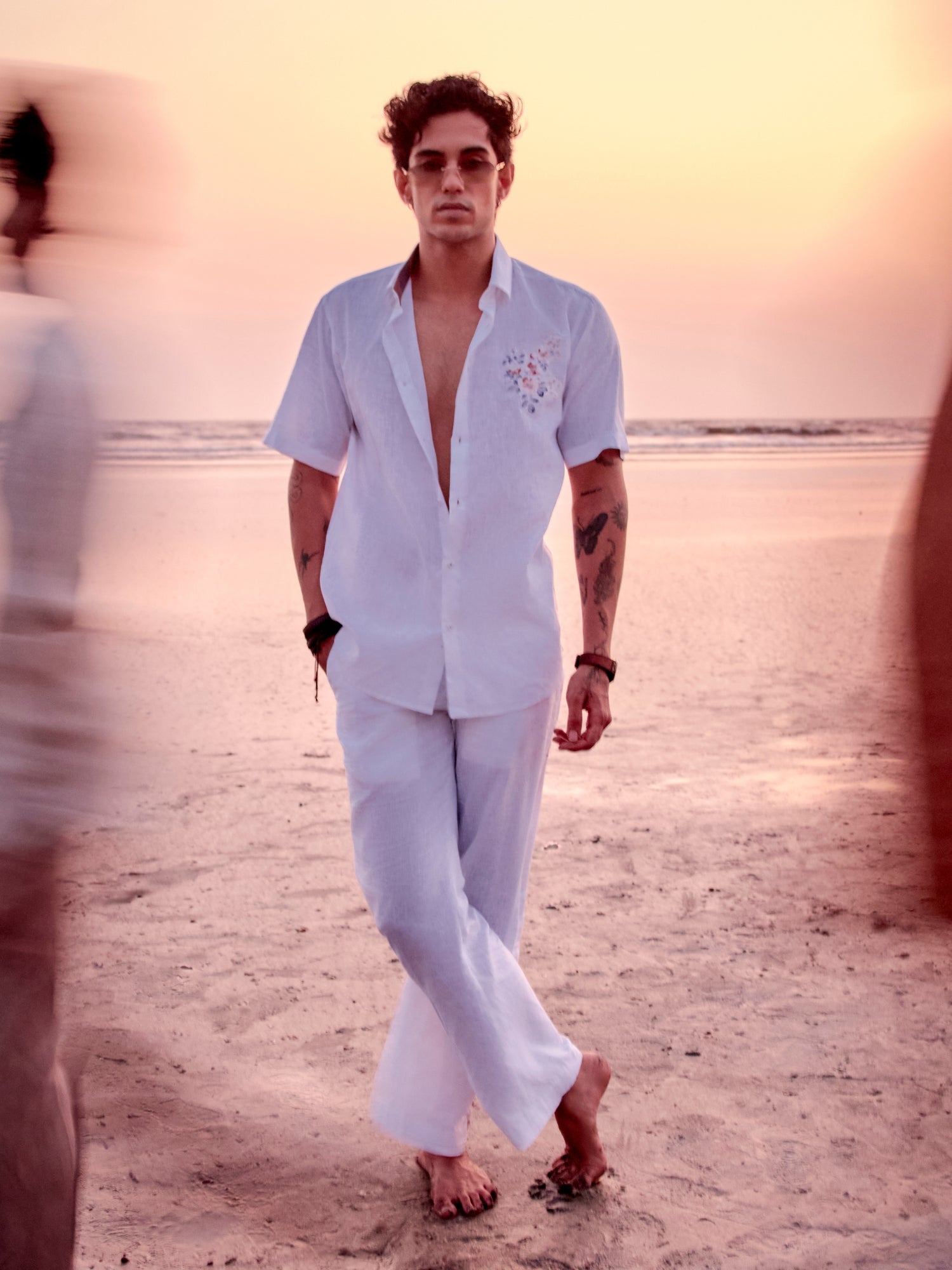 White Linen Shirt with Applique Work