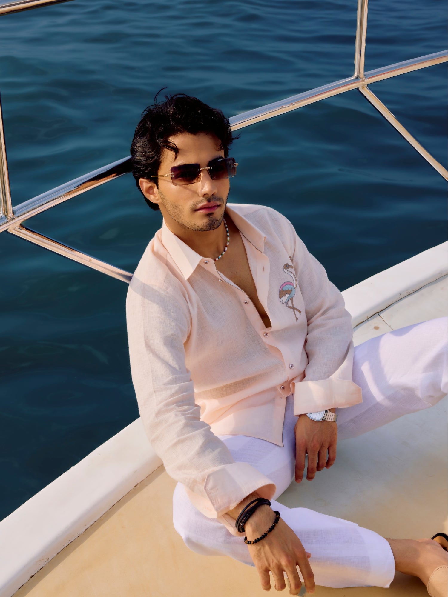 Peach Flamingo Embroidered Linen Shirt with Regular Collar